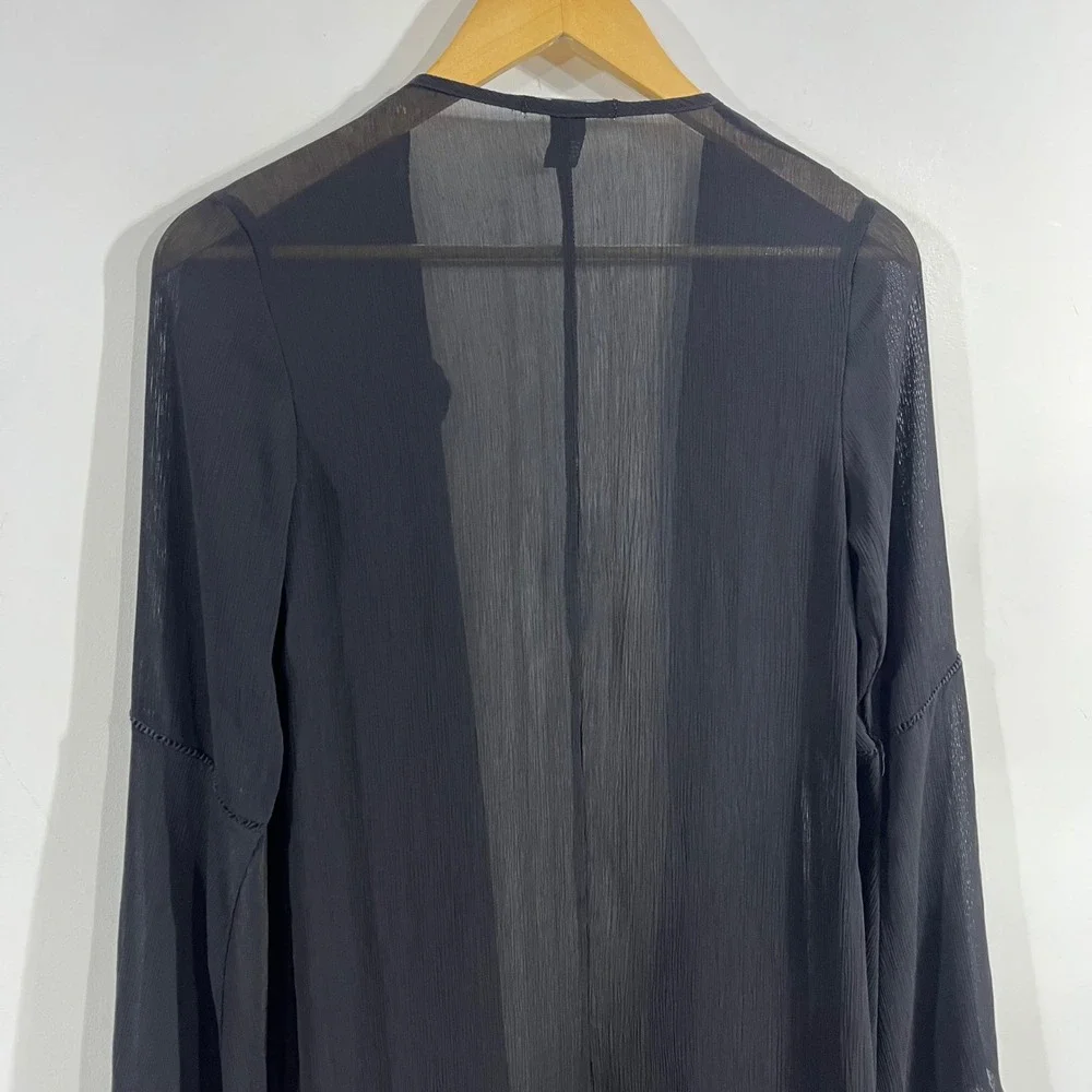 Forever 21 Y2K Black Sheer Bell Sleeve Open Front Longline Kimono Small Witchy